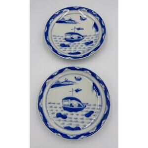 Antique Japanese Imari Arita Ware Porcelain Blue & White Plate Set